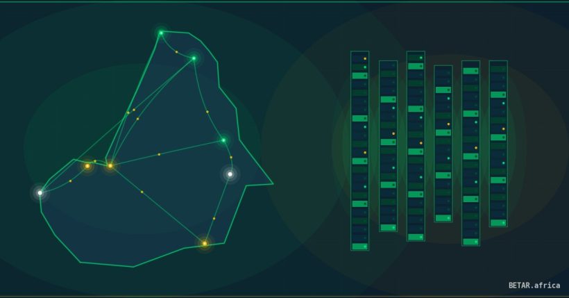 Abstract visualization of Africa data center infrastructure network with glowing connectivity nodes across the continent