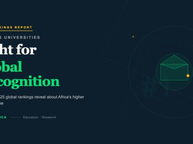 Abstract editorial illustration for Africa universities global rankings 2025 — geometric academic design on dark navy, BETAR.africa