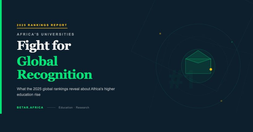 Abstract editorial illustration for Africa universities global rankings 2025 — geometric academic design on dark navy, BETAR.africa