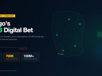 Abstract illustration of DRC National Digital Plan 2026-2030 showing towers, AI academy, and broadband infrastructure