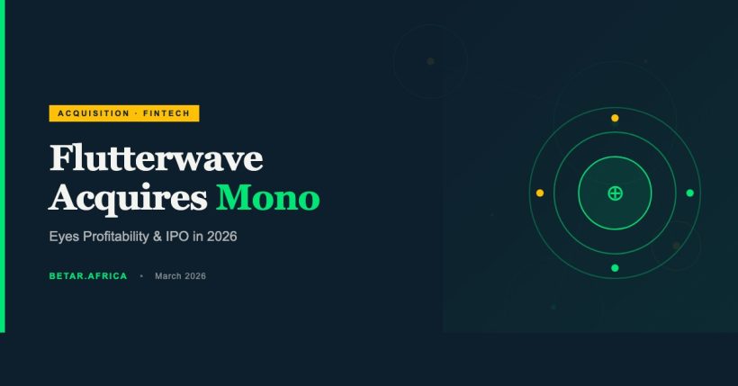 Abstract fintech graphic showing Flutterwave and Mono acquisition — network circles on deep navy background, BETAR.africa editorial illustration